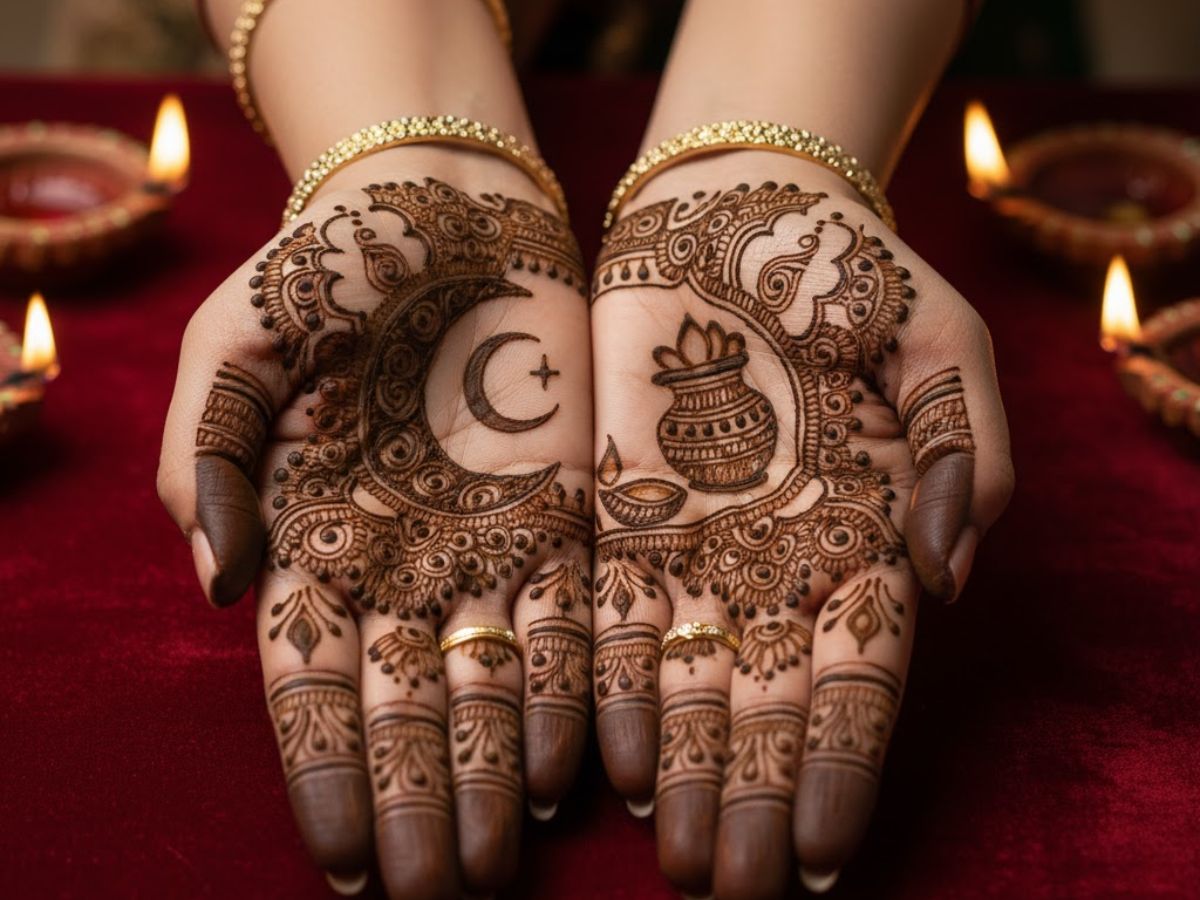 Moon, Diya, Kalash Mehndi Design