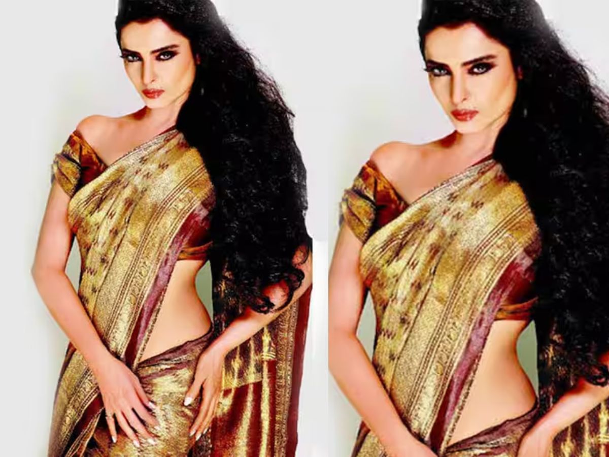 Rekha in Golden & Maroon Saree