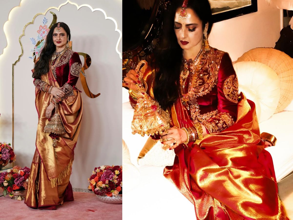 Rekha in Golden & Maroon Saree