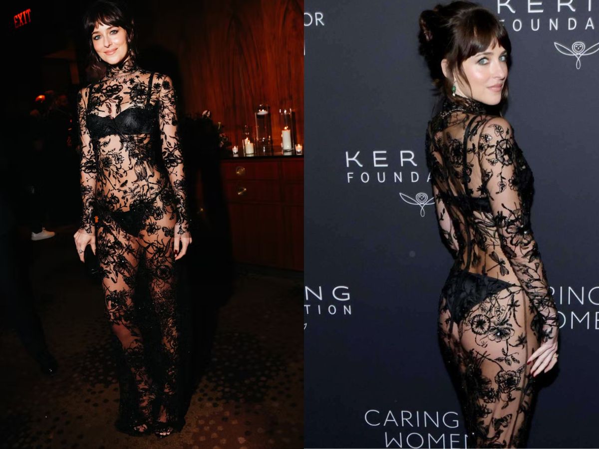 Dakota Johnson in Black Embroidered Sheer Dress
