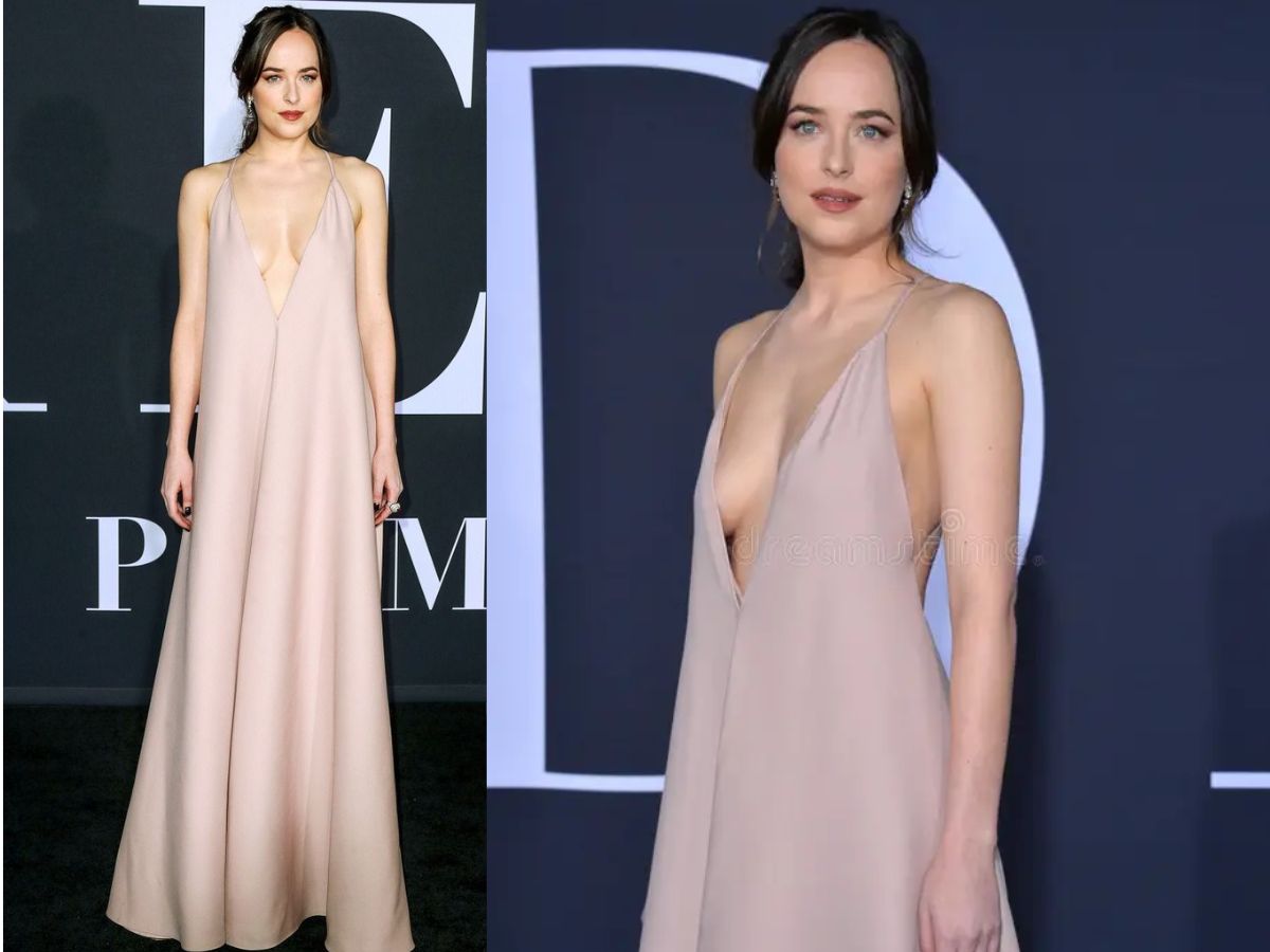 Dakota Johnson in Baby Pink Plunging Gown