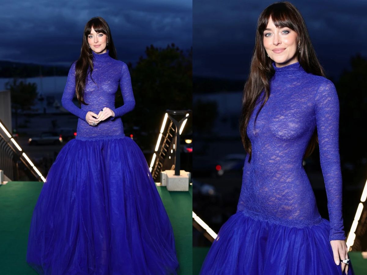 Dakota Johnson Sheer Blue Gown