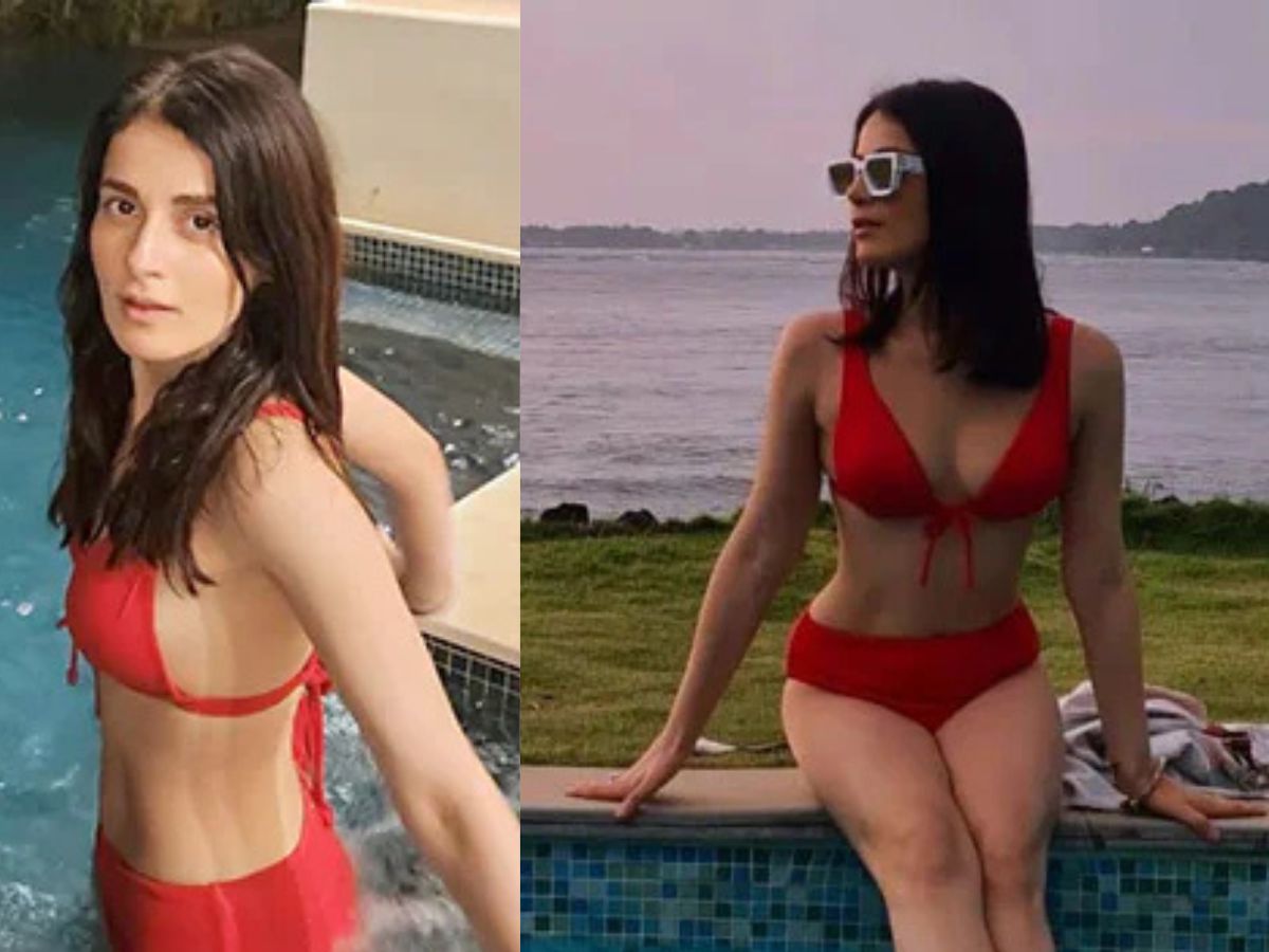 Bold Red Bikini Poolside