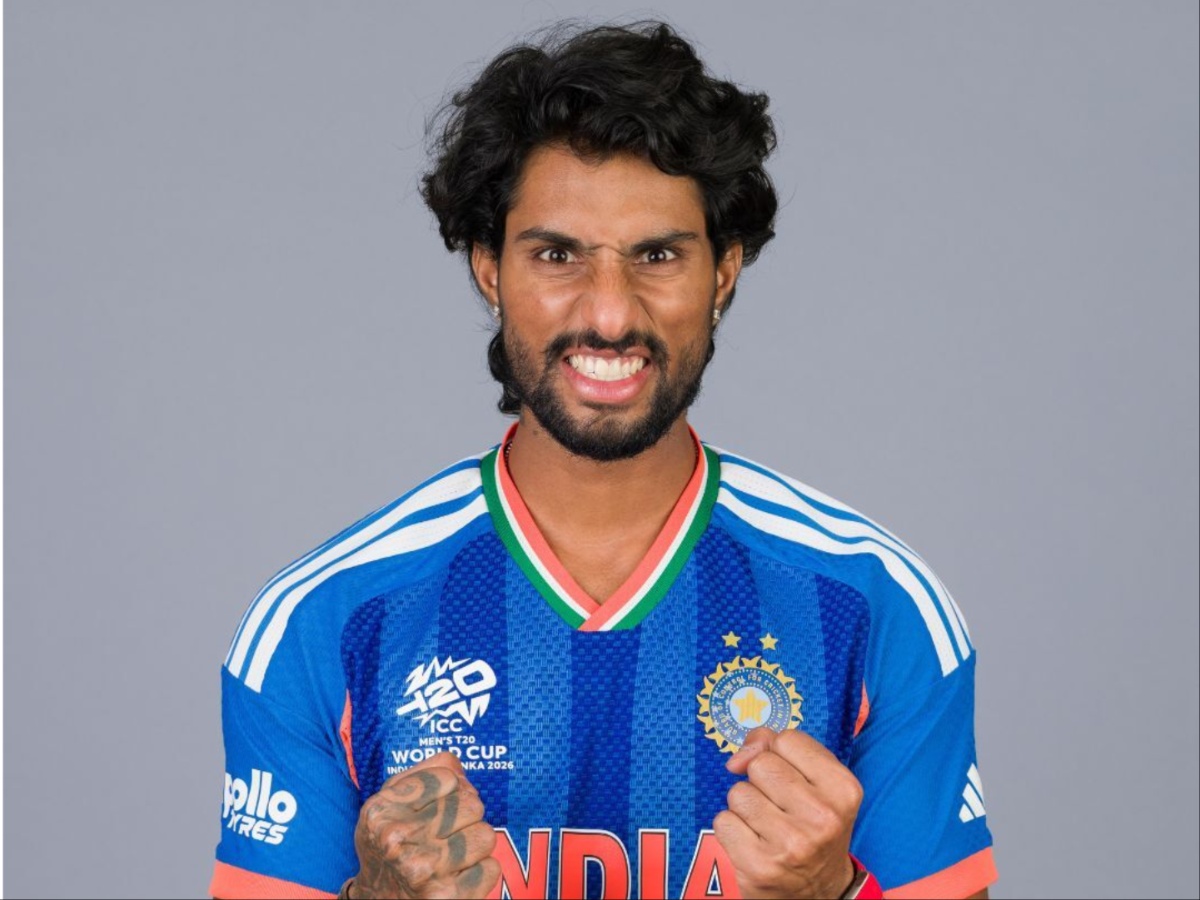 Tilak Varma hitting a powerful lofted drive in the India blue T20 kit, Tilak Varma celebrating a half-century in the Mumbai Indians blue and gold jersey, close-up of Tilak Varma’s focused expression while taking his batting stance