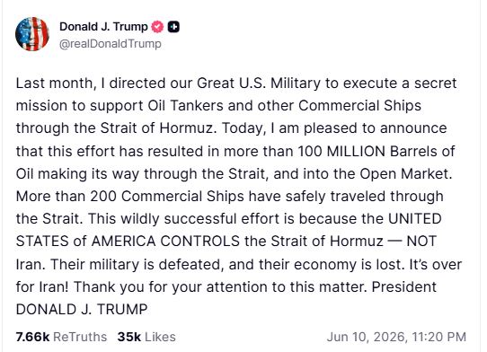 Over 100 million oil barrels, 200 ships moved safely through Strait of Hormuz: Trump