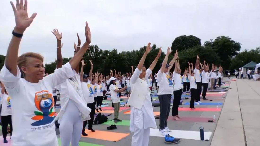 Indian Embassy hosts yoga session at Lincoln Memorial in Washington DC ahead of International Yoga Day