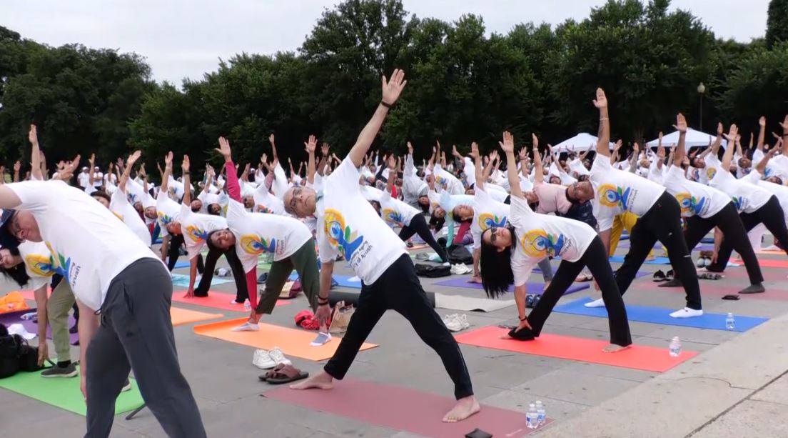 Indian Embassy hosts yoga session at Lincoln Memorial in Washington DC ahead of International Yoga Day