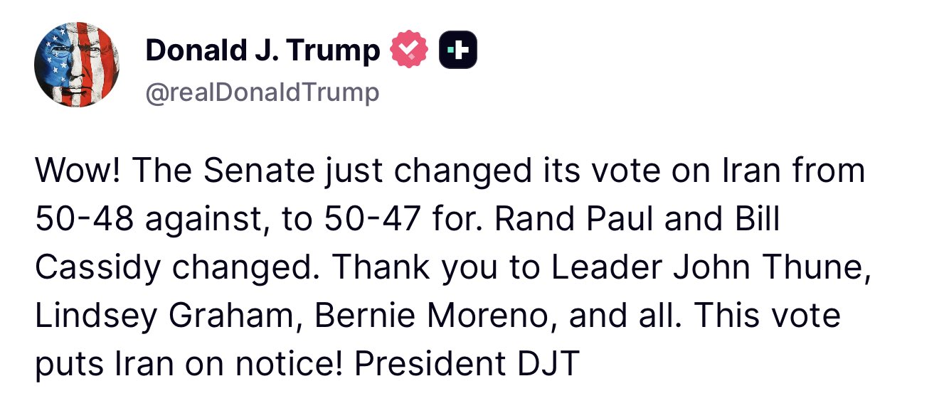 "This vote puts Iran on notice !": Trump hails Senate reversal on war powers measure