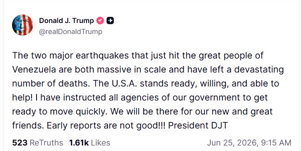 Trump pledges US aid for Venezuela quake; as USGS projects quake death toll reaching 100,000