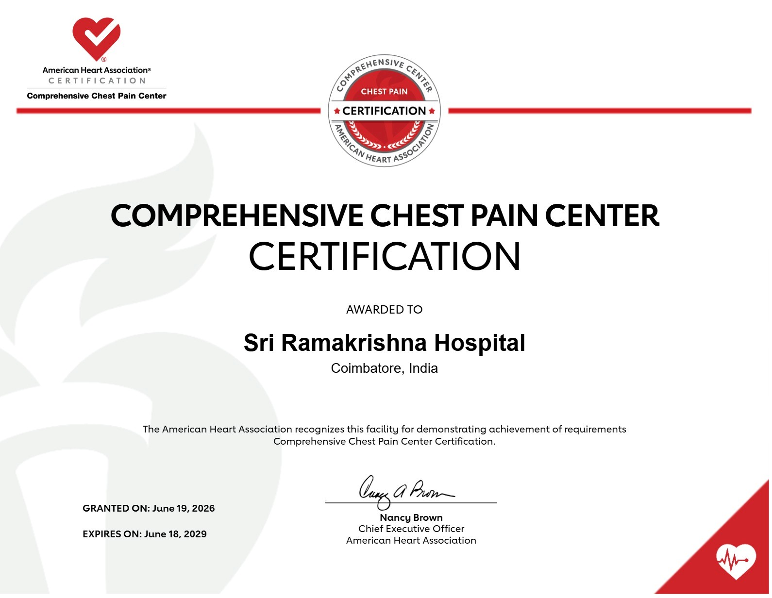 Sri Ramakrishna Hospital Certified as first Comprehensive Chest Pain Center in Tamil Nadu