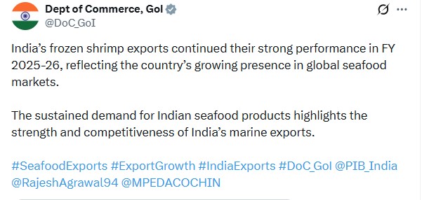 China emerges as key growth driver for India's frozen shrimp exports; US remains top market in FY26