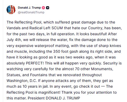 Trump says Washington Reflecting Pool restored, warns monument vandals of 10-year prison sentence