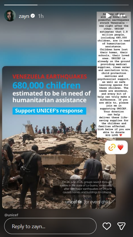 Zayn Malik urges fans to support UNICEF humanitarian relief efforts in Venezuela following earthquakes