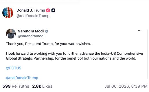 Trump reshares PM Modi's wishes on 250th anniversary of US independence