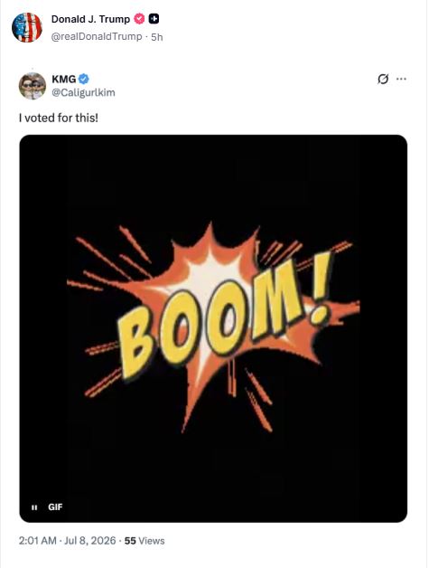 i-voted-for-this-trump-shares-boom-post-following-us-strikes-on-iran20260708135551 "I voted for this": Trump shares "Boom" post following US strikes on Iran