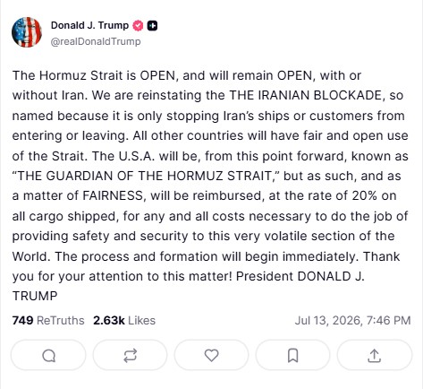 "Reinstating" the Iranian blockade, says Trump, will charge ships